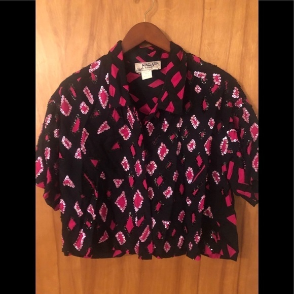 Vintage 80s 90s black pink sequin button up crop top Festive Glam Holiday Vibes - Picture 2 of 5